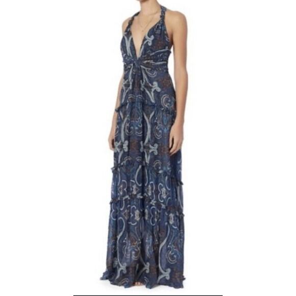 Intermix Mury 100% Silk Paisley Print Tiered Maxi Dress in Blue Boho Size Small - Picture 6 of 10